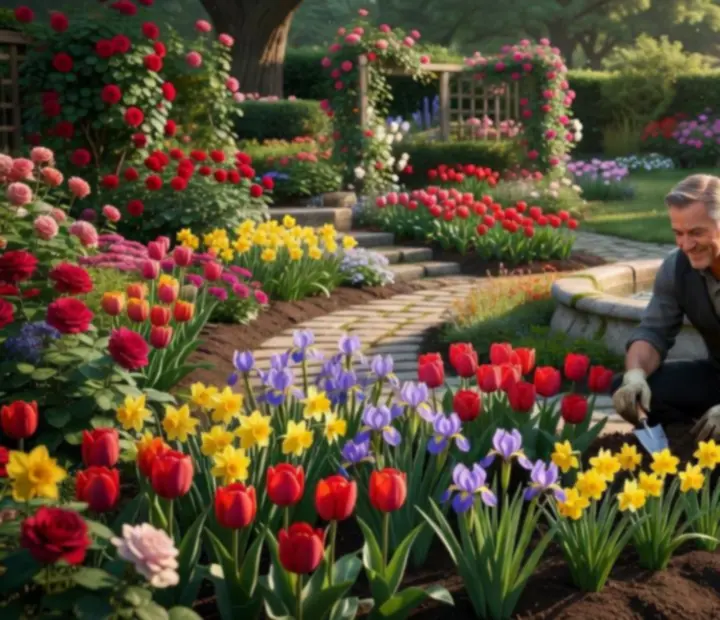 Austin z Gardenscapes stojí v upravovanej záhrade pri kvitnúcich kvetoch a fontáne