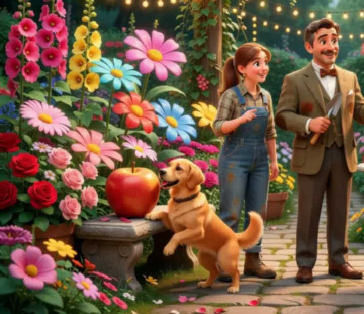 Farebná koláž fanúšikovských ilustrácií postáv z hry Gardenscapes v záhradnom prostredí