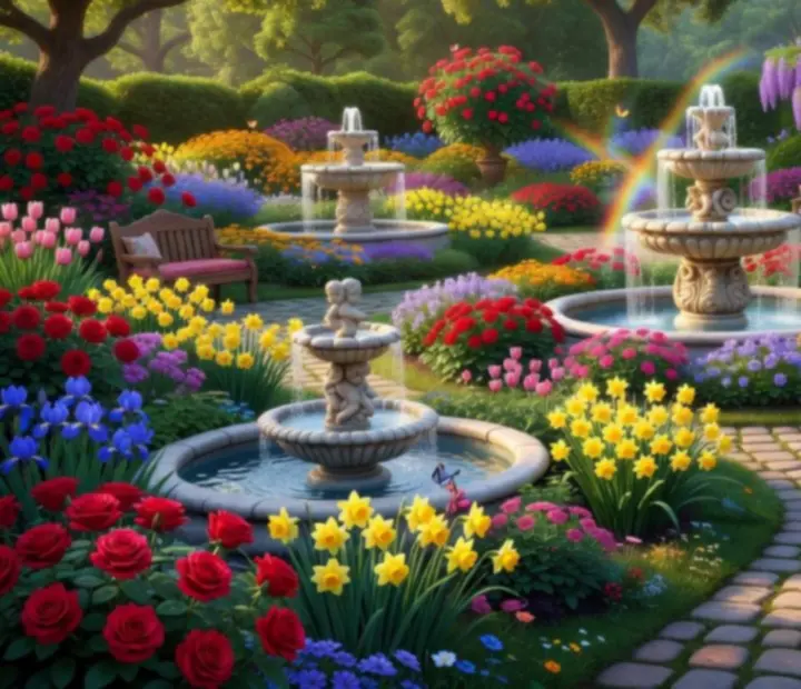 Ilustrácia farebnej záhrady s fontánou a lavičkami inšpirovaná hrou Gardenscapes