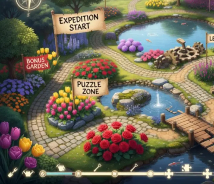 Ilustrovaná expedičná mapa v Gardenscapes s chodníkmi, kvetmi a odmenami