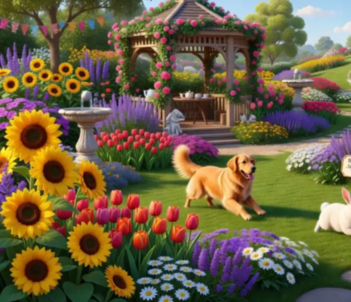 Ilustračná záhrada v štýle Gardenscapes s bohatými dekoráciami a fontánou