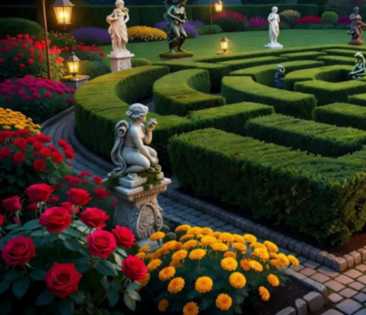 Ilustrovaná koláž rôznych záhradných dekorácií inšpirovaná hrou Gardenscapes