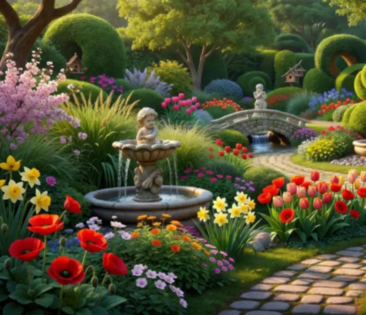 Ilustrácia pokojnej záhrady v štýle Gardenscapes