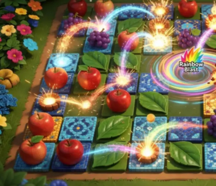 Match-3 hracia doska Gardenscapes s vytvorenými špeciálnymi dielikmi a kombami