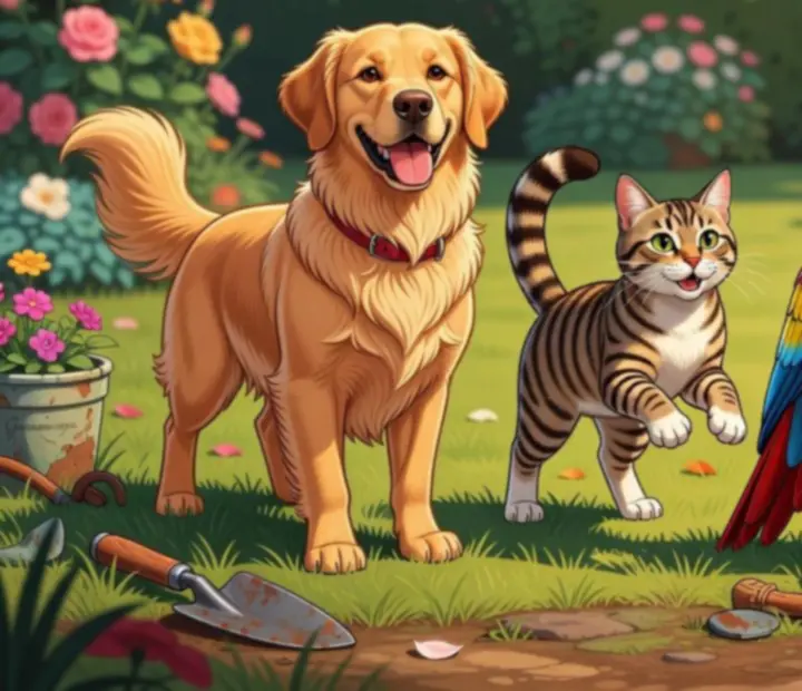 Koláž rôznych domácich zvieratiek z Gardenscapes v pestrofarebnej záhrade