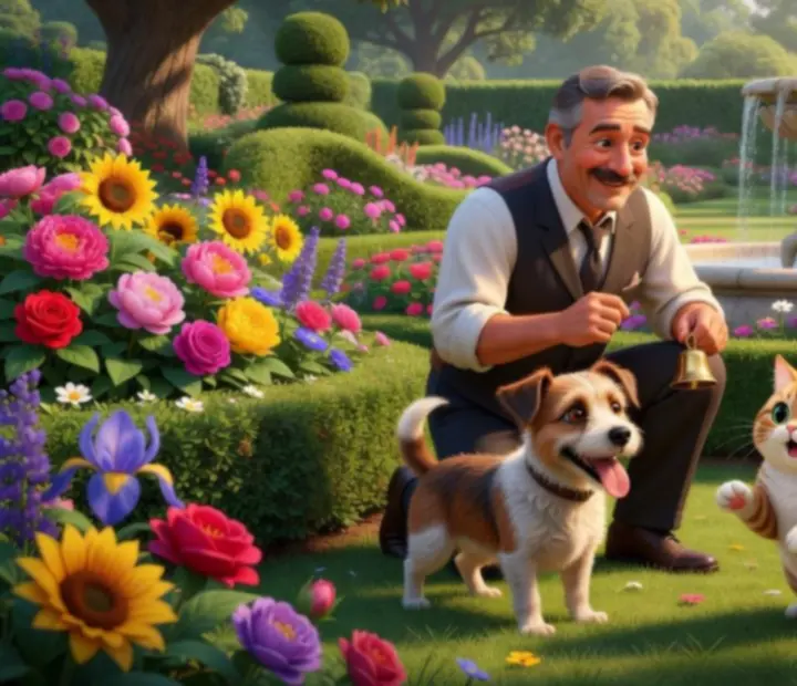 Domáce zvieratká hrajúce sa v pestrofarebnej záhrade z hry Gardenscapes