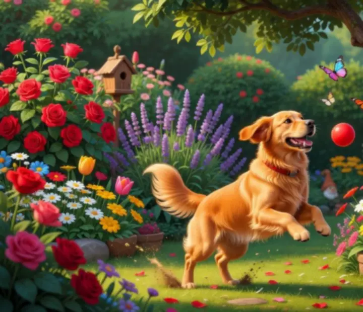 Zvieratká hrajúce sa a oddychujúce v zelenej záhrade v štýle Gardenscapes