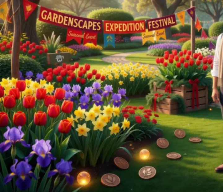 Sezónna expedičná udalosť Gardenscapes s farebnými dekoráciami a odmenami