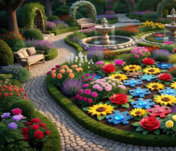 Ilustrácia záhrady v Gardenscapes s match-3 prvkami predstavujúcimi stratégiu